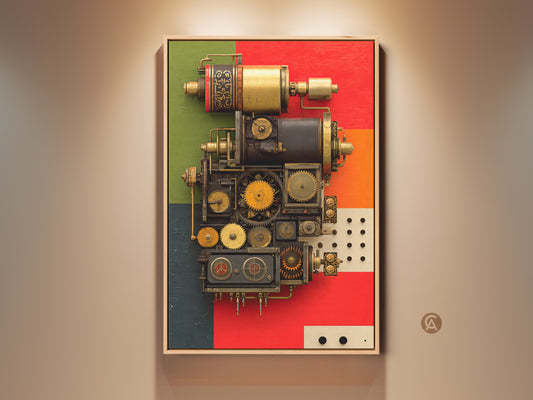 Mechanical Gears industrial wall art adds bold Steampunk style to any room. Red gold and orange hues create a striking display. This canvas print is ideal office art. Perfect as an engineer housewarming gift it offers a sophisticated and edgy aesthetic. The clockwork mechanism art offers unique gadget flair.