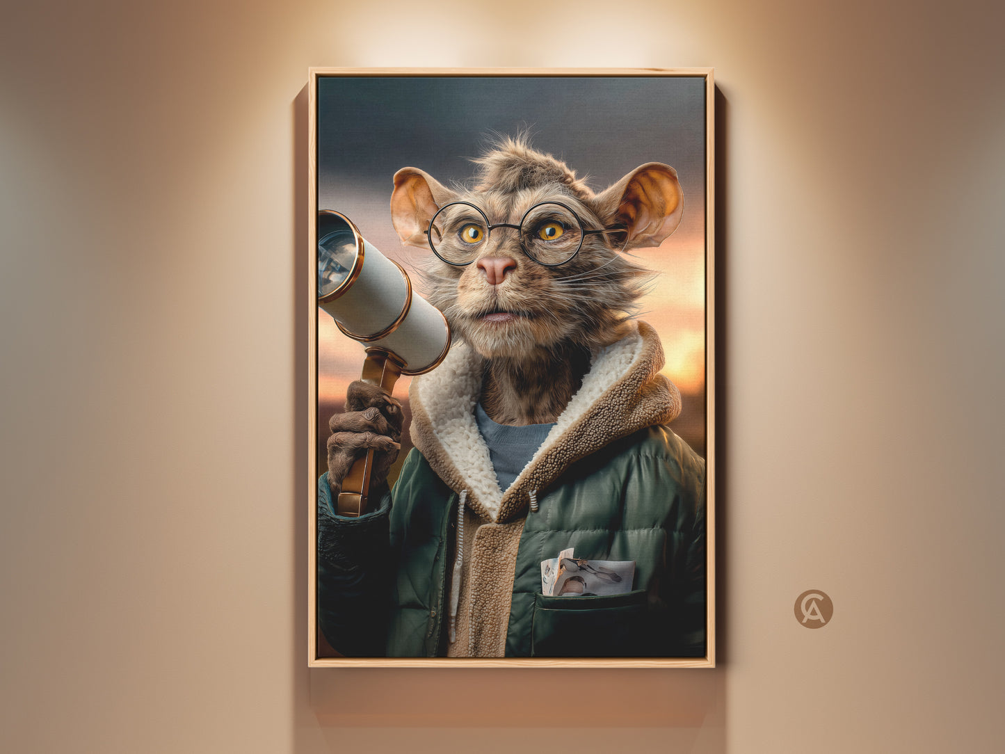 A framed surreal cat art print displayed in a well-lit room. The artwork features a cat with glasses holding a telescope. This eclectic animal art adds a unique touch to any office or home decor. Perfect for cat lovers seeking whimsical wall art in brown green and orange tones.