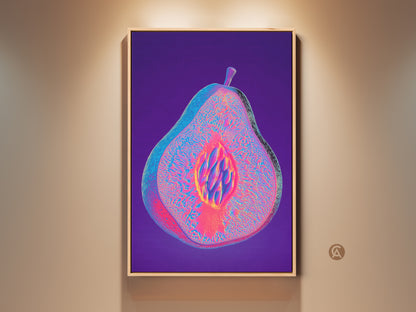 Framed abstract pear artwork is displayed in a neutral room. The glitch art print features magenta purple and blue hues. This psychedelic fruit canvas adds an eclectic touch to any home. A perfect gift for lovers of modern abstract fruit art.