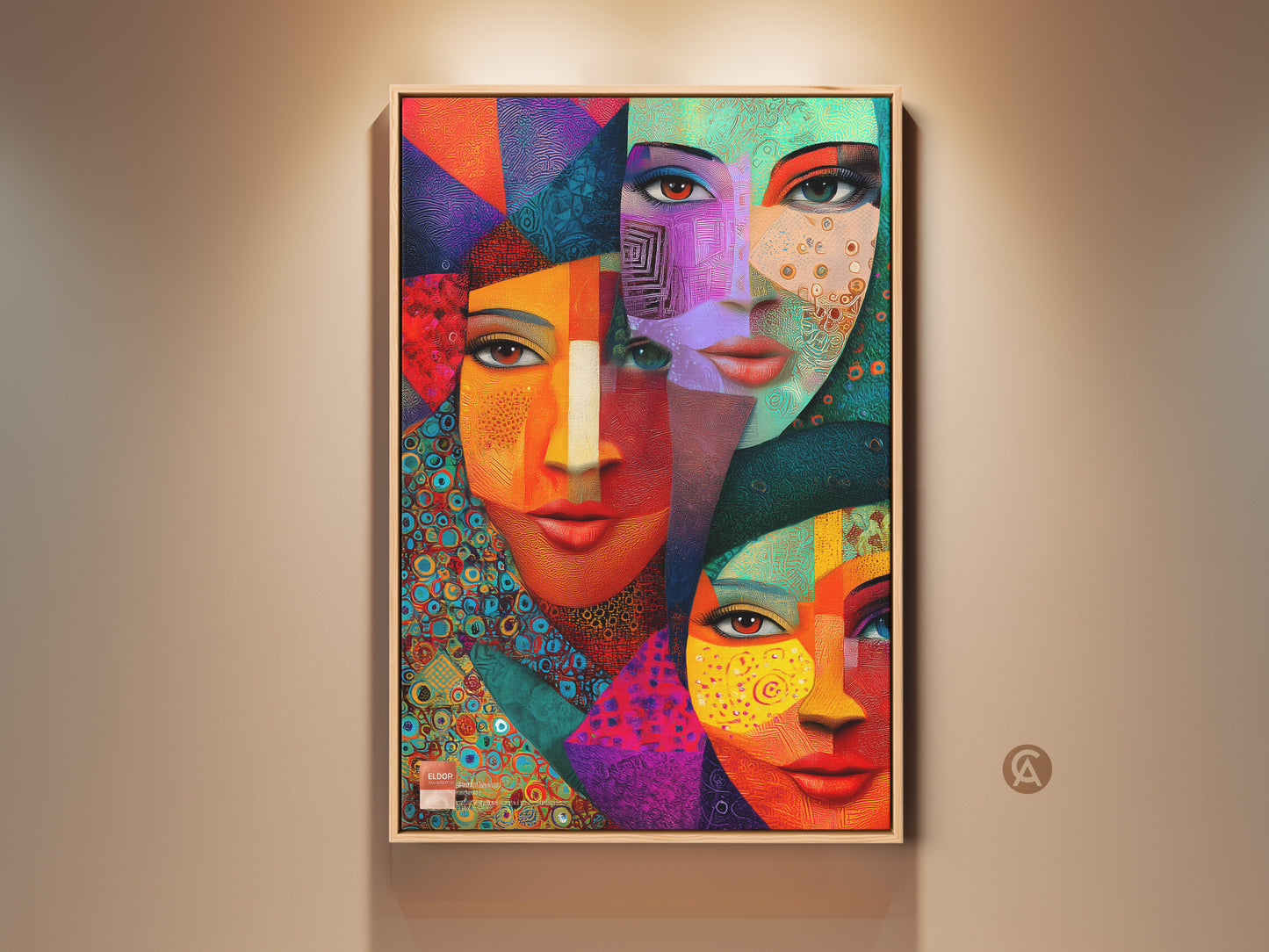 Geometric abstract faces art in a modern room setting. This cubist portrait canvas print features teal orange and red hues. It's an eclectic artwork piece ideal for wall decor. The wall hanging is visually striking and ready to be showcased in any contemporary space.