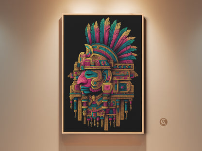 Framed Aztec Headdress artwork. The art features a colorful headdress on a black background. The frame is a light wood color. It is a perfect piece for any room. Buy it now
