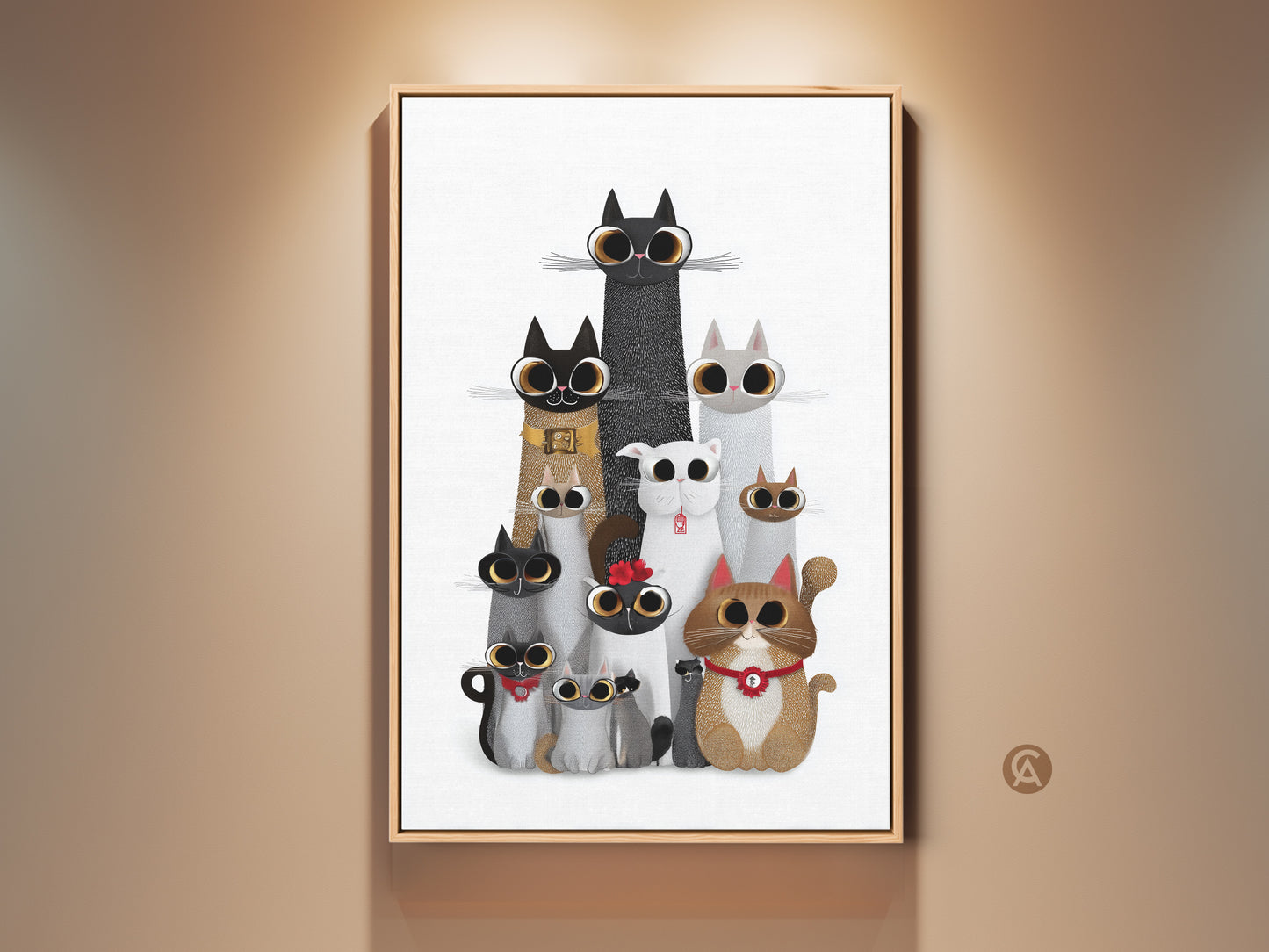 Framed cute cat art print displayed on a wall. This whimsical animal wall decor features a charming family of cartoon cats. The eclectic poster adds warmth to any room. A perfect gift for cat lovers and eclectic homes.
