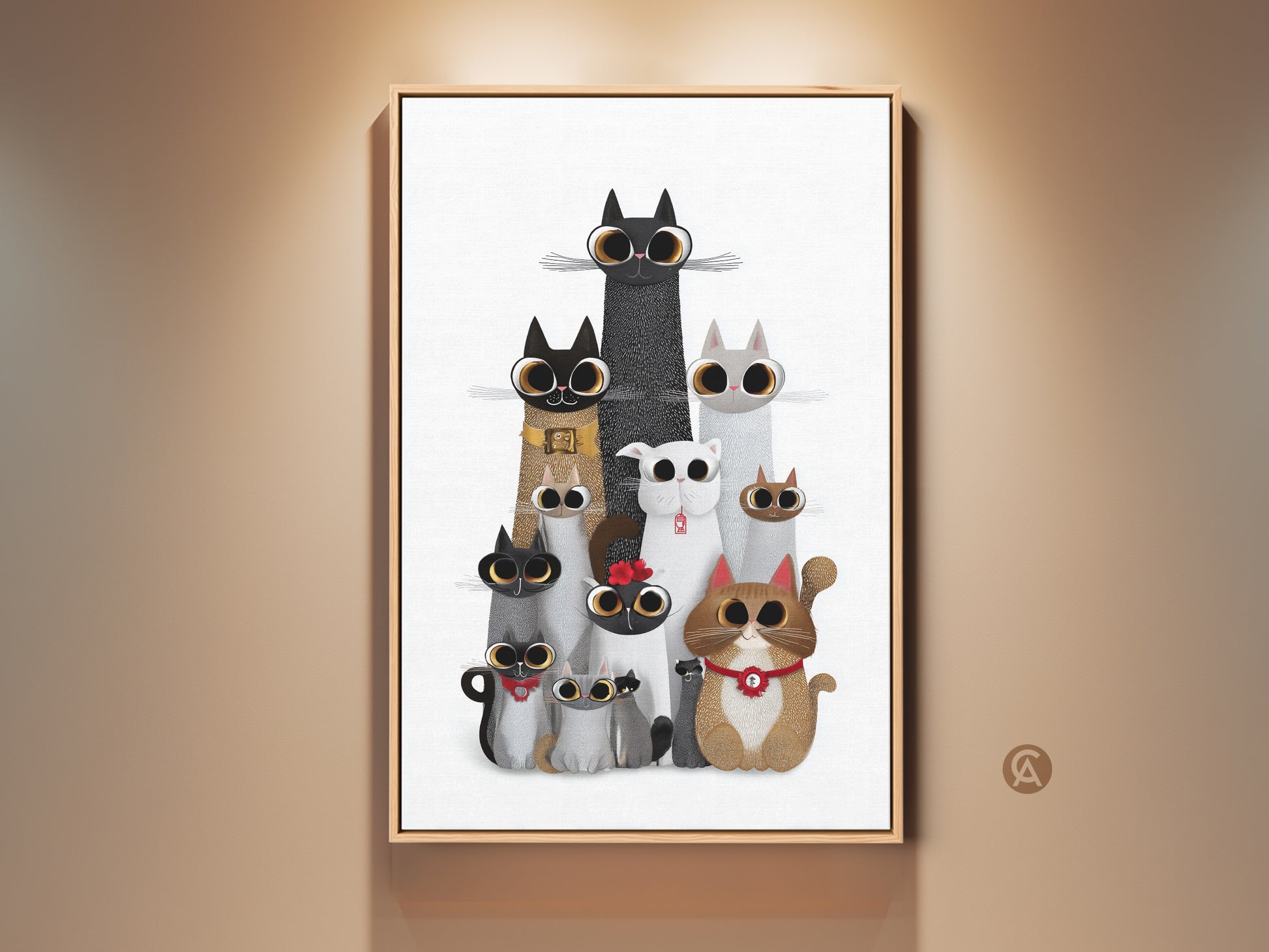 Framed cute cat art print displayed on a wall. This whimsical animal wall decor features a charming family of cartoon cats. The eclectic poster adds warmth to any room. A perfect gift for cat lovers and eclectic homes.