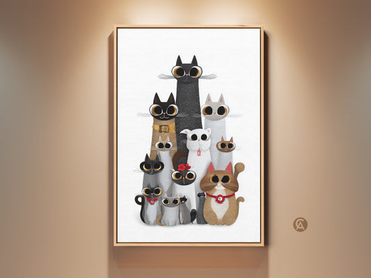 Framed cute cat art print displayed on a wall. This whimsical animal wall decor features a charming family of cartoon cats. The eclectic poster adds warmth to any room. A perfect gift for cat lovers and eclectic homes.