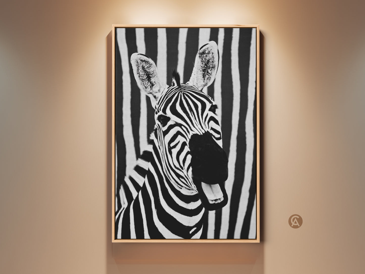 Framed zebra canvas art. This contemporary black and white animal print adds a minimalist wildlife touch to your bedroom or office. The bold stripes and monochrome portrait create a sophisticated look. A perfect piece for modern wall decor.