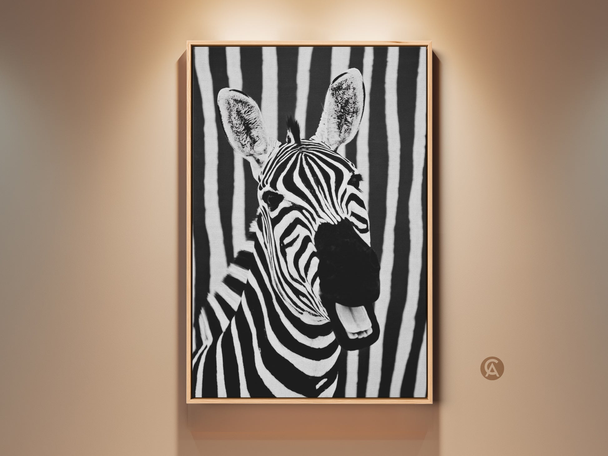 Framed zebra canvas art. This contemporary black and white animal print adds a minimalist wildlife touch to your bedroom or office. The bold stripes and monochrome portrait create a sophisticated look. A perfect piece for modern wall decor.
