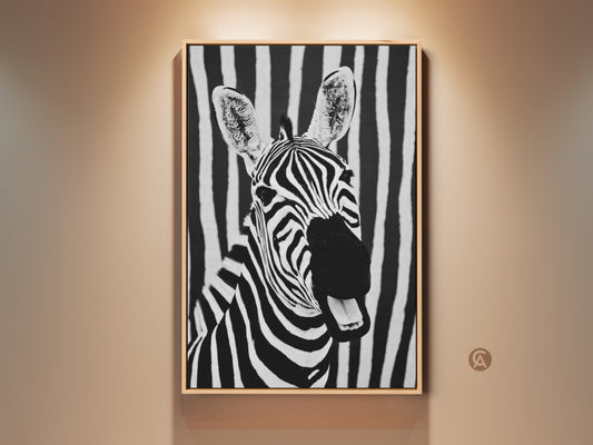 Framed zebra canvas art. This contemporary black and white animal print adds a minimalist wildlife touch to your bedroom or office. The bold stripes and monochrome portrait create a sophisticated look. A perfect piece for modern wall decor.