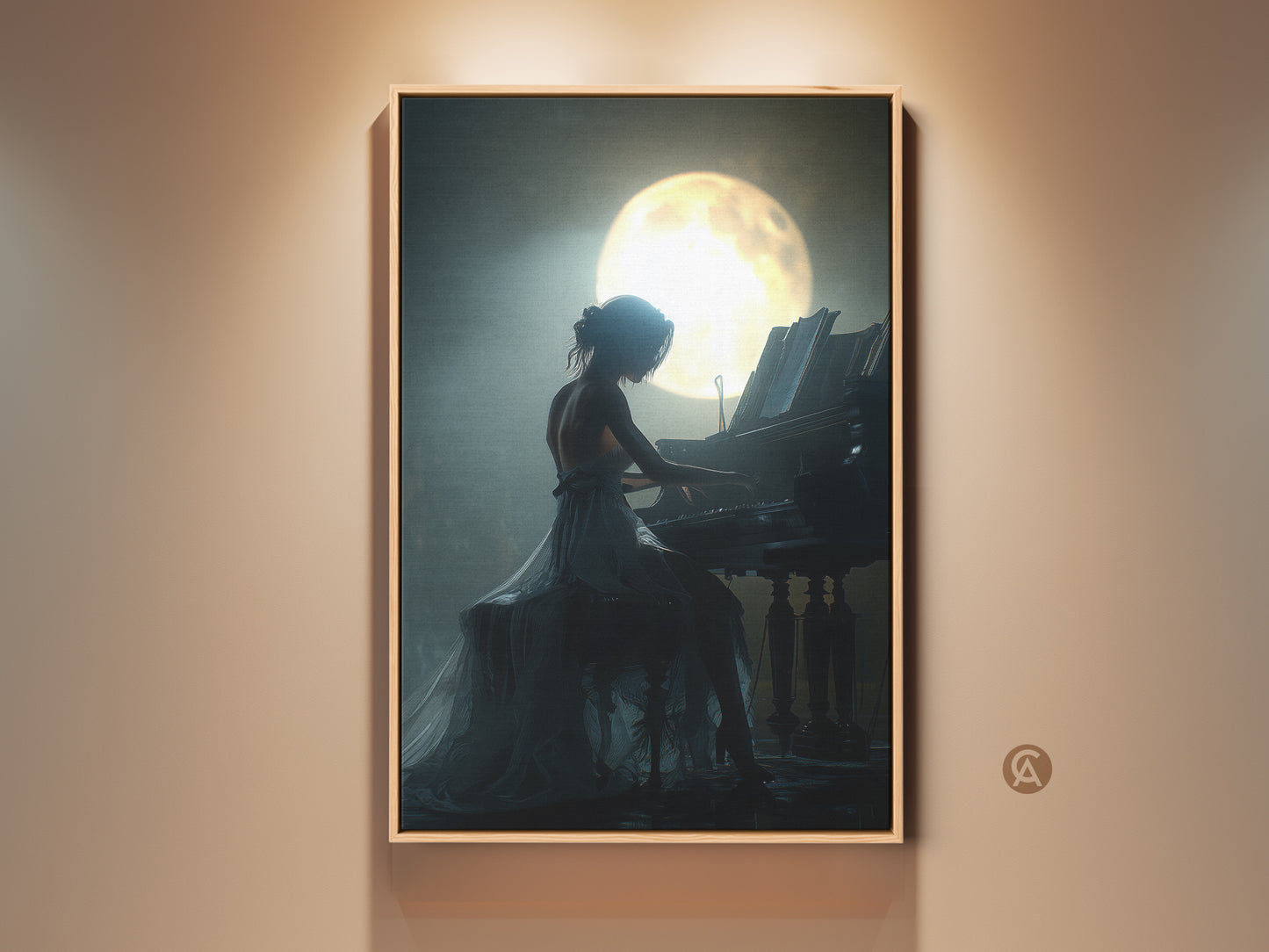 Woman playing grand piano under moonlight canvas print. The figurative music artwork adds elegance to any room. Deep blue teal canvas creates a romantic atmosphere. This pianist wall art is perfect as a gift for music lovers or anniversary gift wall art.