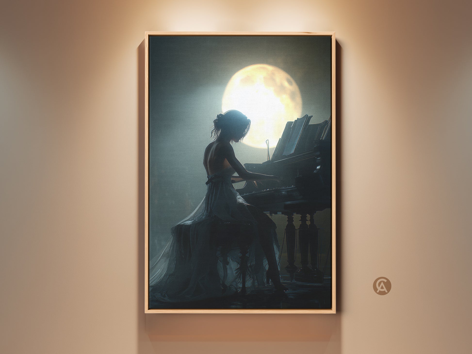Woman playing grand piano under moonlight canvas print. The figurative music artwork adds elegance to any room. Deep blue teal canvas creates a romantic atmosphere. This pianist wall art is perfect as a gift for music lovers or anniversary gift wall art.