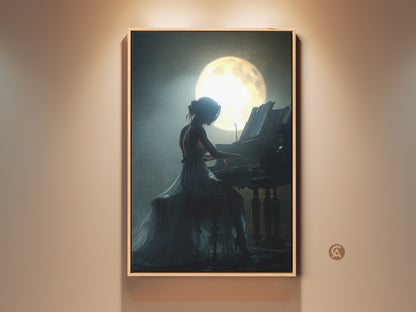 Woman playing grand piano under moonlight canvas print. The figurative music artwork adds elegance to any room. Deep blue teal canvas creates a romantic atmosphere. This pianist wall art is perfect as a gift for music lovers or anniversary gift wall art.