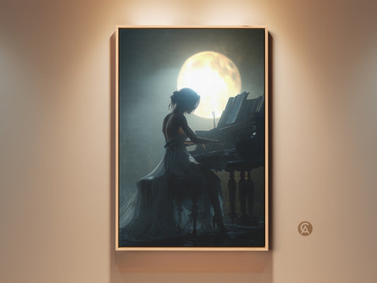 Woman playing grand piano under moonlight canvas print. The figurative music artwork adds elegance to any room. Deep blue teal canvas creates a romantic atmosphere. This pianist wall art is perfect as a gift for music lovers or anniversary gift wall art.
