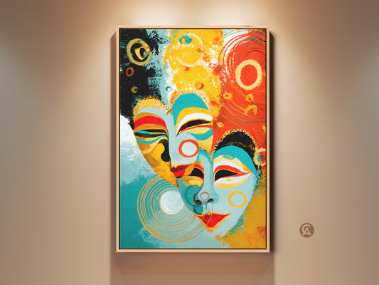 Gold Teal Abstract Faces Art Print mounted on a wall. This tribal mask canvas wall artwork brings an eclectic boho touch. Perfect housewarming gift for art lovers. Cultural abstract artwork for bohemian style living rooms.