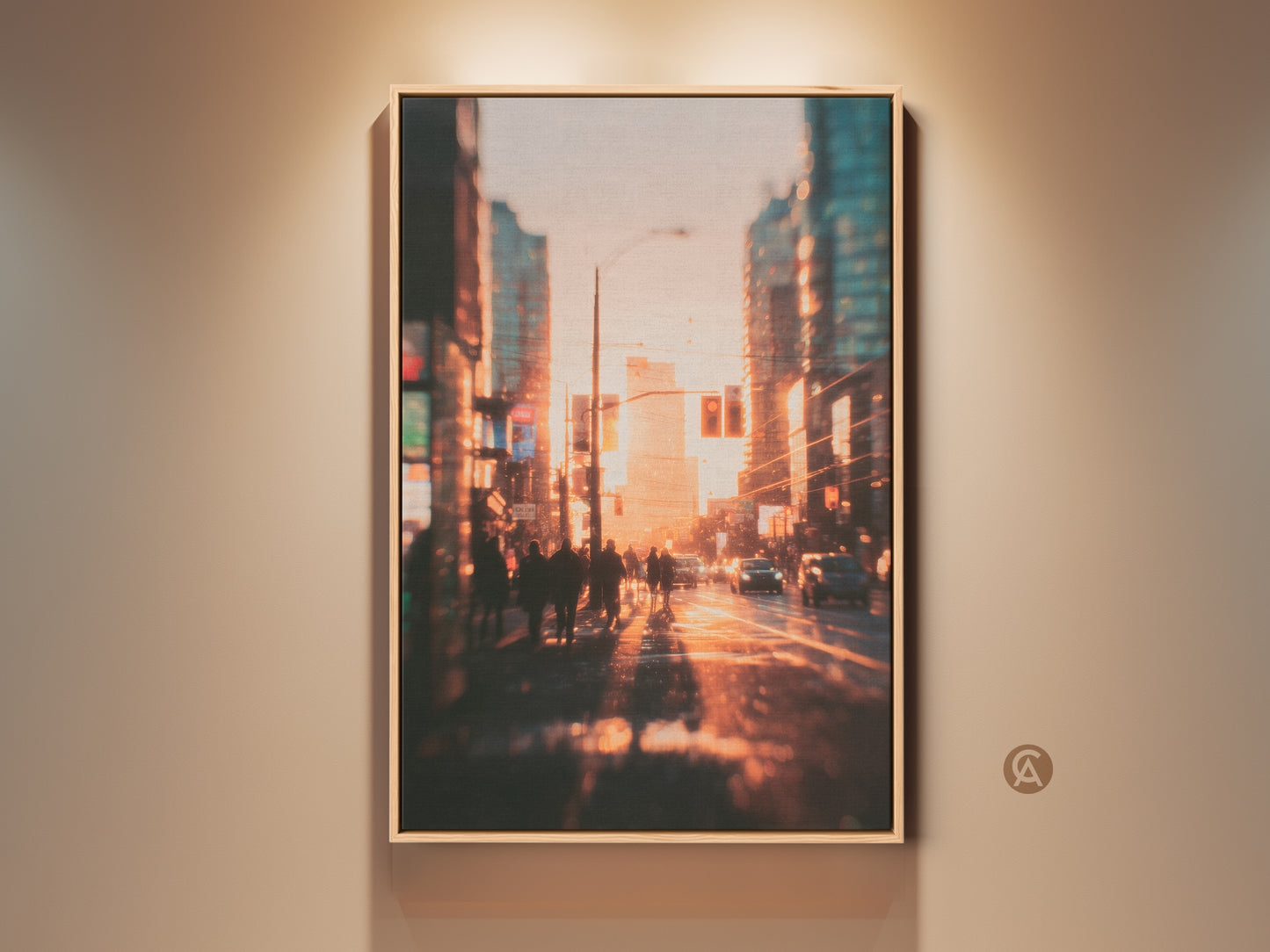 Framed canvas art featuring a blurred urban scene at sunset. The artwork captures city life with pedestrians and cars silhouetted against the golden light. The floating frame enhances the contemporary style. This piece adds warmth to any space. Ready to hang and enjoy.