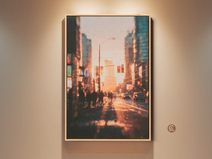 Framed canvas art featuring a blurred urban scene at sunset. The artwork captures city life with pedestrians and cars silhouetted against the golden light. The floating frame enhances the contemporary style. This piece adds warmth to any space. Ready to hang and enjoy.