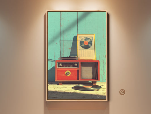Vintage record player art on distressed turquoise wood. This retro music artwork features a red stereo cabinet and vinyl records. Perfect mid-century modern home decor. A unique gift for music lovers offering a blend of nostalgia and vibrant color to your space. Enhance your den or office with this retro futurism poster.