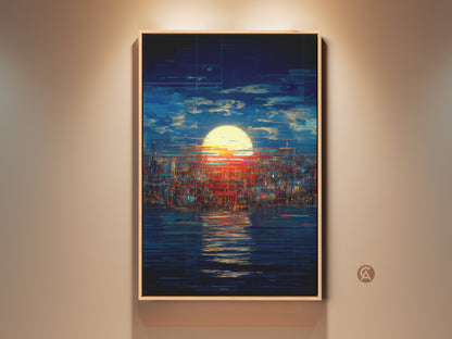 Abstract cityscape art print displayed in a frame. The wall art features glitch art style. Blue yellow and red tones mix in this modern piece. Perfect as a housewarming gift.