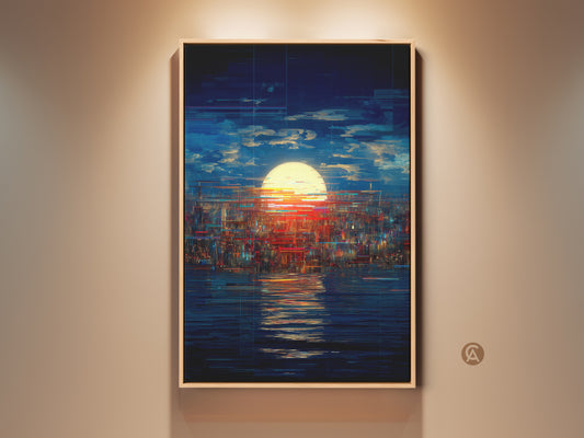 Abstract cityscape art print displayed in a frame. The wall art features glitch art style. Blue yellow and red tones mix in this modern piece. Perfect as a housewarming gift.
