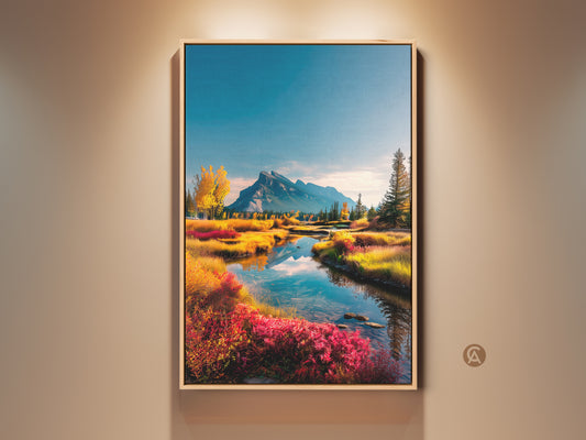 Framed mountain landscape artwork. The nature art print features a vibrant river reflecting the sky. Colorful autumn foliage adds beauty. Perfect wall decor to bring nature indoors.