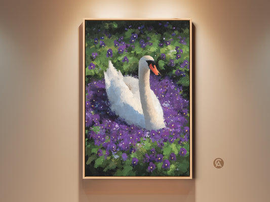 Cottagecore Wall Decor featuring a Mute Swan in Purple Pansies art print. This impressionist nature artwork adds a painterly home accent. It is an elegant swan art print perfect as a housewarming gift for nature lovers. The botanical garden wall art showcases a white swan with purple flowers in a serene nature scene.