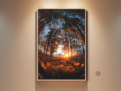 Framed nature artwork featuring a forest scene at sunset. The sun glows behind distant tents. The trees are in full autumn color. This art piece is perfect for nature lovers. Enhance your home decor with this framed artwork.