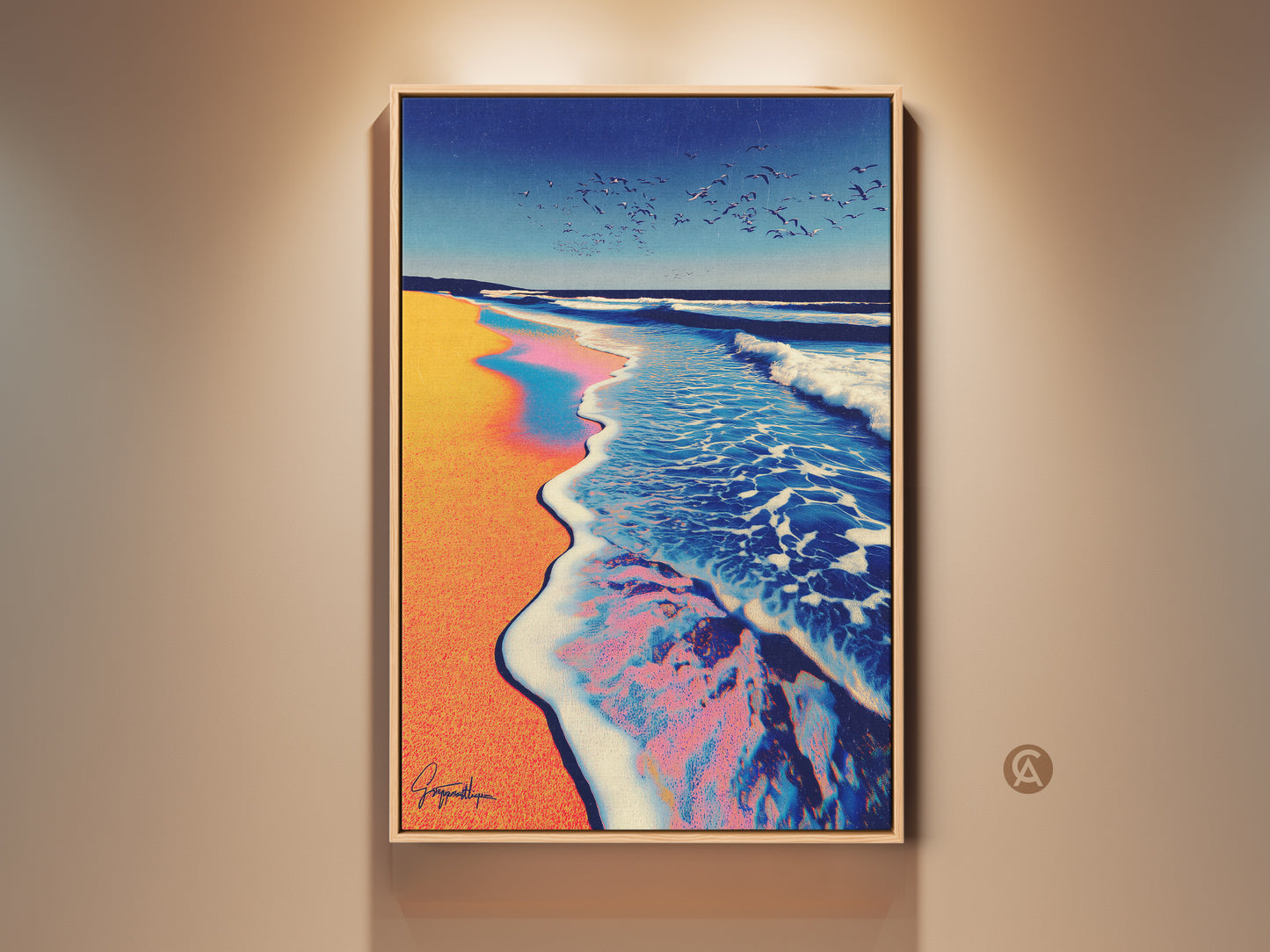 Teal blue and orange sunset canvas art featuring an abstract ocean wave wall decor. The artwork showcases a coastal seascape print with seagulls in the sky. Perfect sky landscape artwork for modern beach house decor and anyone seeking a serene ocean view.