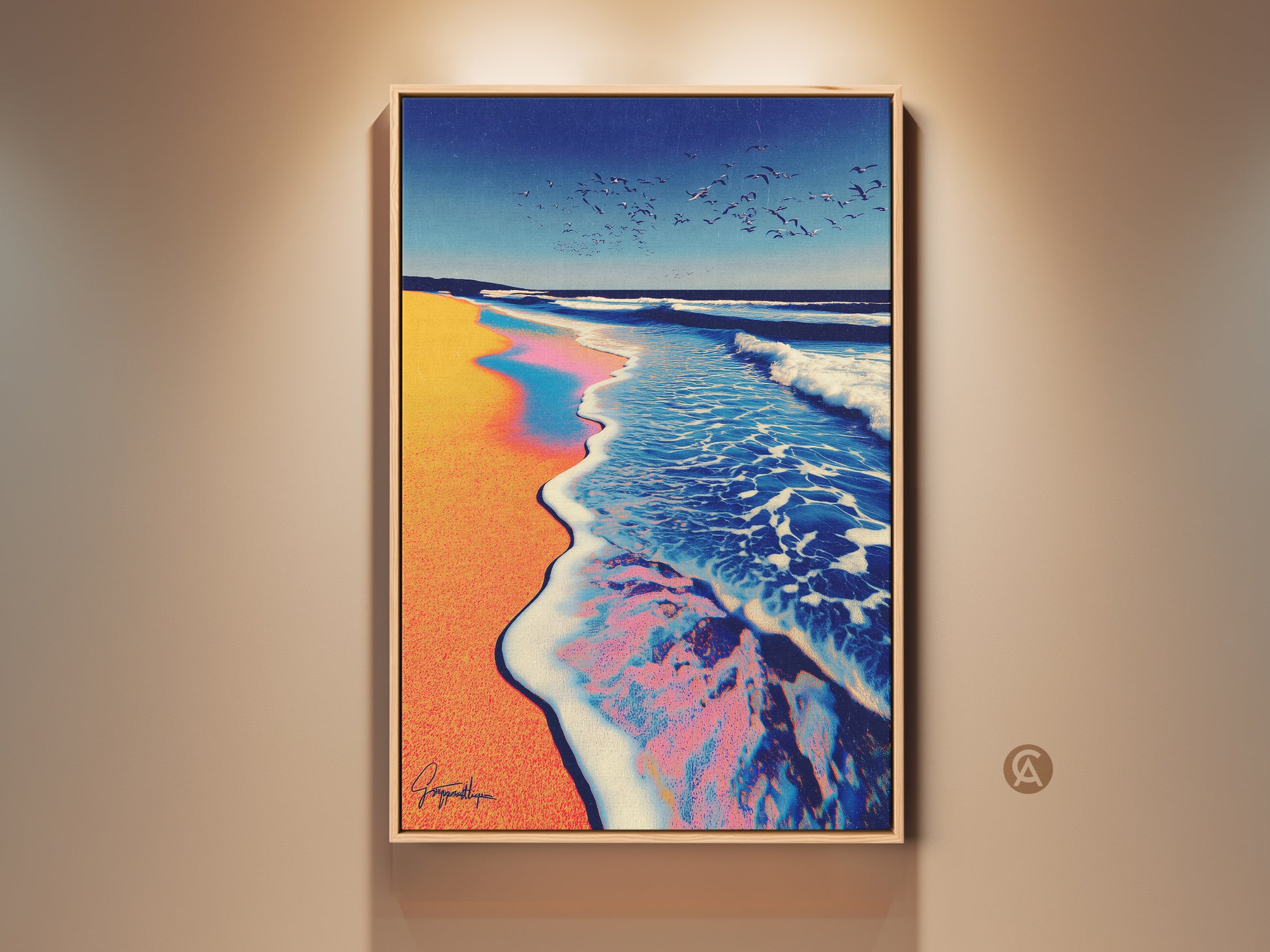Teal blue and orange sunset canvas art featuring an abstract ocean wave wall decor. The artwork showcases a coastal seascape print with seagulls in the sky. Perfect sky landscape artwork for modern beach house decor and anyone seeking a serene ocean view.