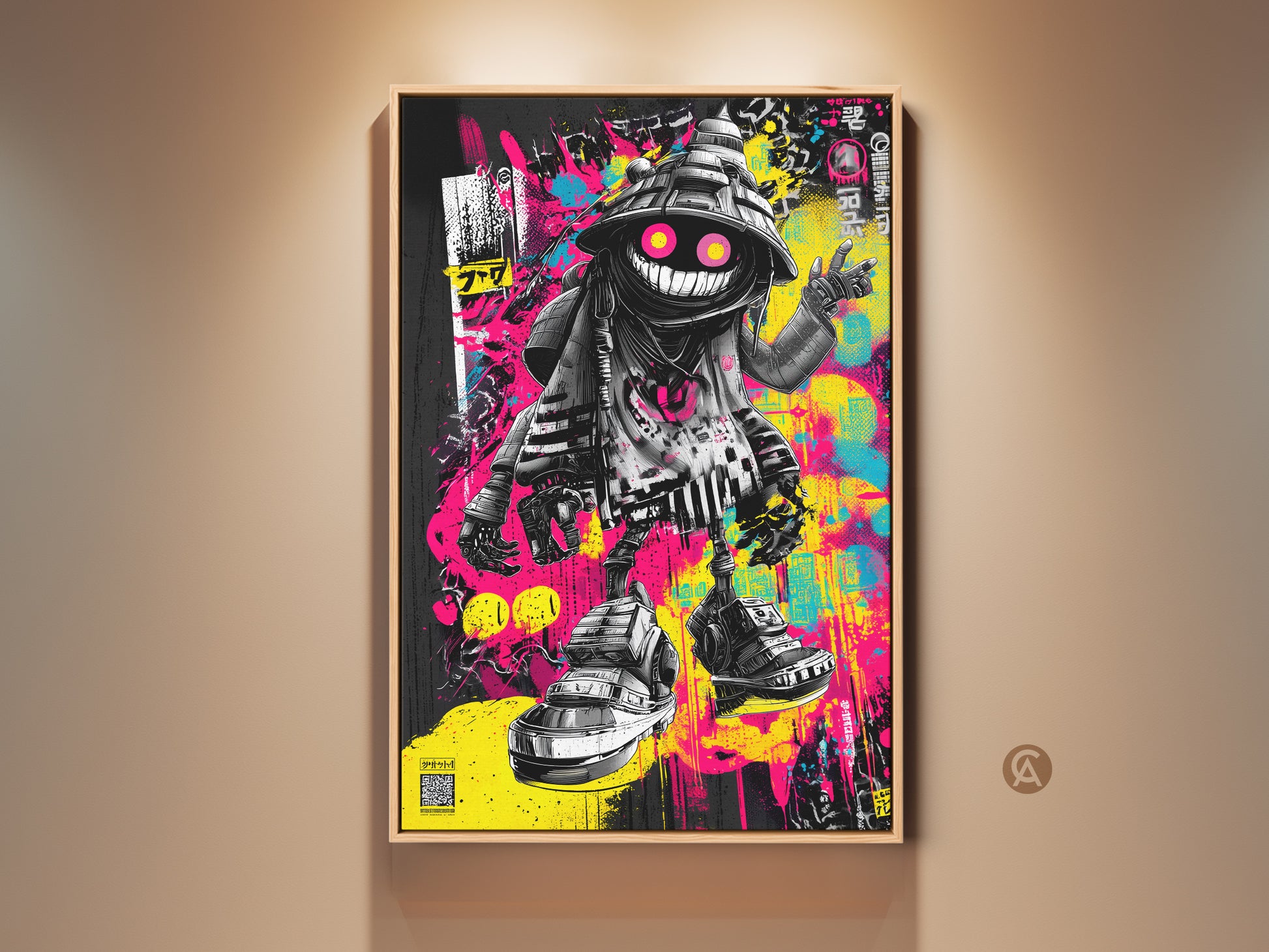 Framed Graffiti Art. This artwork features a whimsical character with glowing eyes. The art is a vibrant mix of black pink and yellow paint splatters. The floating frame adds a modern touch. This art is perfect for adding a pop of color to any room.