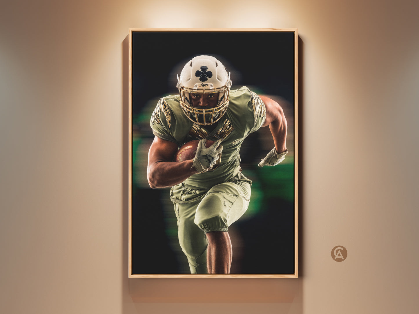 Framed American Football artwork in olive green and gold. See the dynamic sports art perfect for a man cave or office. A great gift for any football fan looking for modern sports decor.