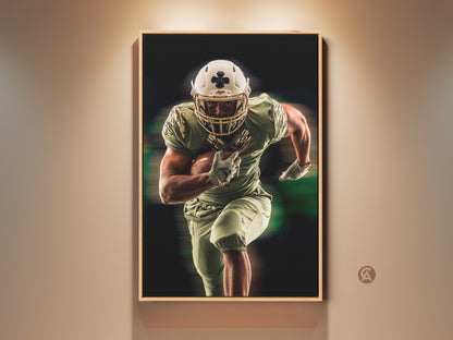 Framed American Football artwork in olive green and gold. See the dynamic sports art perfect for a man cave or office. A great gift for any football fan looking for modern sports decor.