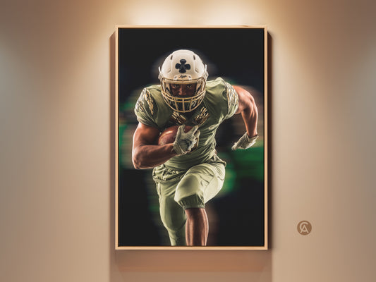 Framed American Football artwork in olive green and gold. See the dynamic sports art perfect for a man cave or office. A great gift for any football fan looking for modern sports decor.
