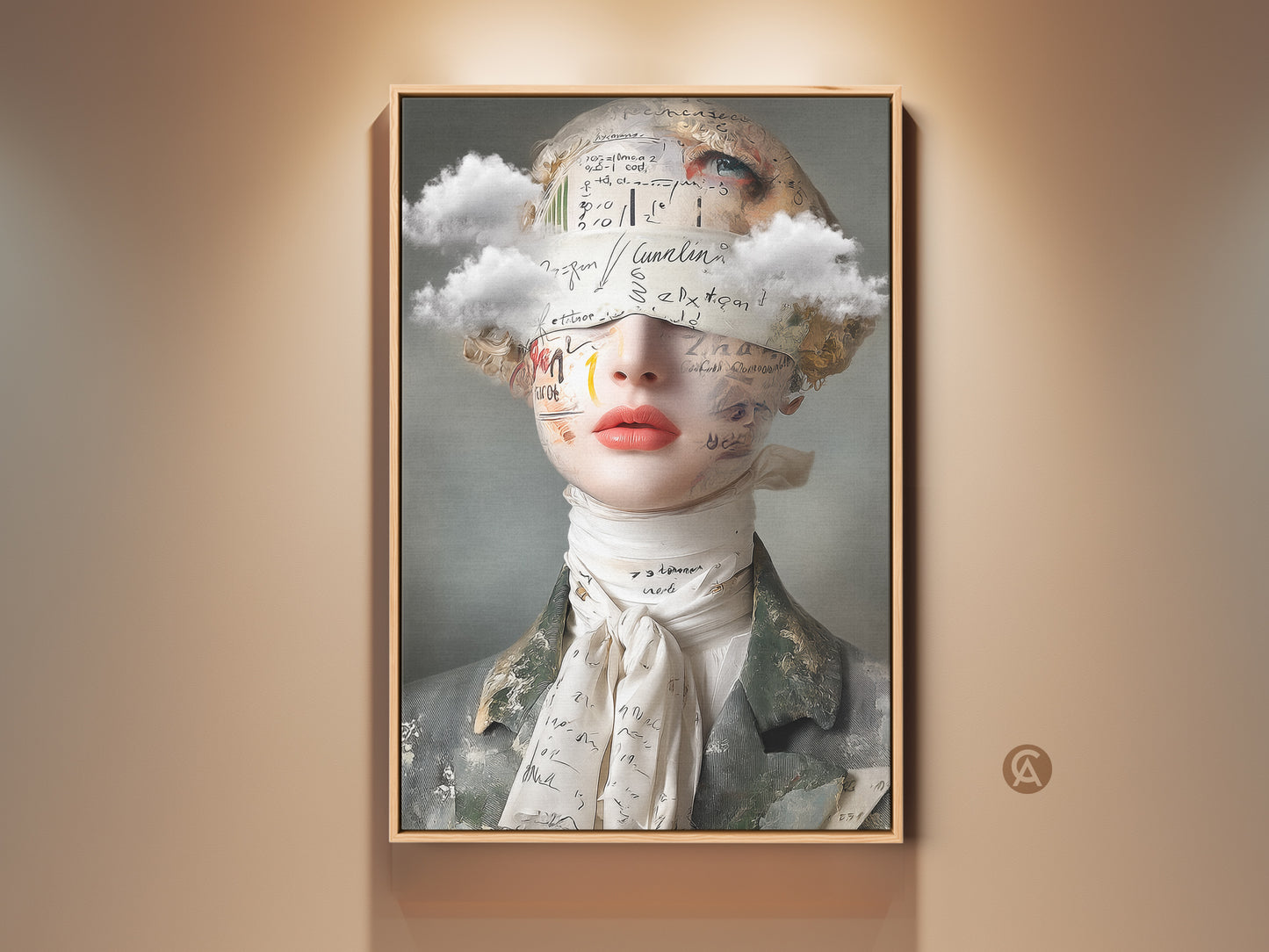 Framed surreal woman portrait art print. This collage artwork features clouds & text. It's an eclectic peach gray bedroom wall decor piece. A artistic female portrait with vintage surrealism elements. Perfect art lover birthday gift.