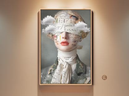 Framed surreal woman portrait art print. This collage artwork features clouds & text. It's an eclectic peach gray bedroom wall decor piece. A artistic female portrait with vintage surrealism elements. Perfect art lover birthday gift.