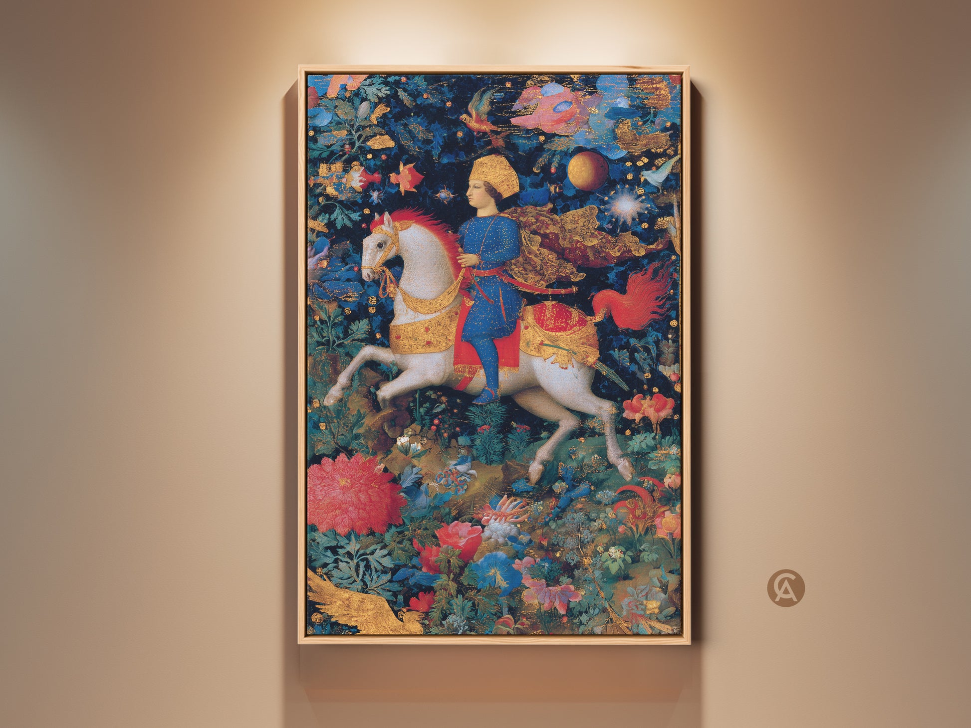 Renaissance knight on horse art print. A surrealist mythology artwork in deep blue red and gold tones. Eclectic home decor for fantasy lovers. A unique housewarming gift. The knight and horse are surrounded by flowers and foliage. Displayed in a natural wood frame.