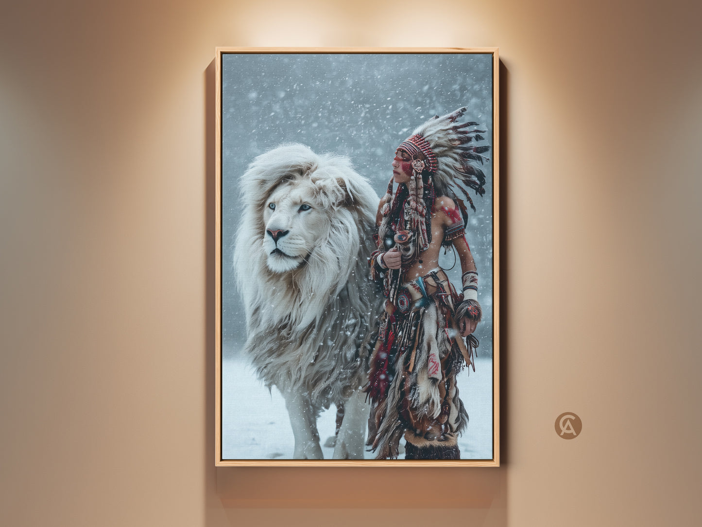 Experience the Majestic Harmony wall art. A Native American figure stands with a white lion in a snowy scene. This artwork is framed in a warm wood tone. It adds unique character to any room. The perfect conversation starter.