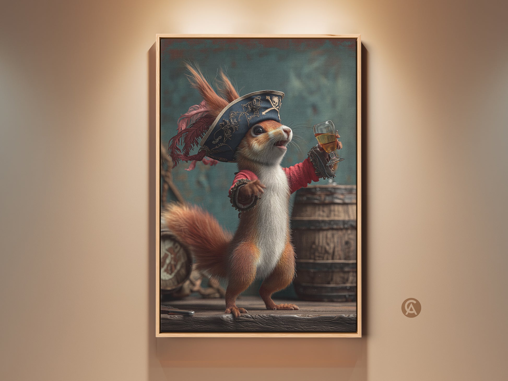 Elevate your space with this unique pirate squirrel art print. The charming artwork features a squirrel dressed as a pirate raising a glass of rum. Perfect eclectic animal wall decor for a den or home bar. A whimsical fantasy art gift for rum lovers and those who appreciate quirky animal illustrations.