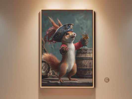 Elevate your space with this unique pirate squirrel art print. The charming artwork features a squirrel dressed as a pirate raising a glass of rum. Perfect eclectic animal wall decor for a den or home bar. A whimsical fantasy art gift for rum lovers and those who appreciate quirky animal illustrations.