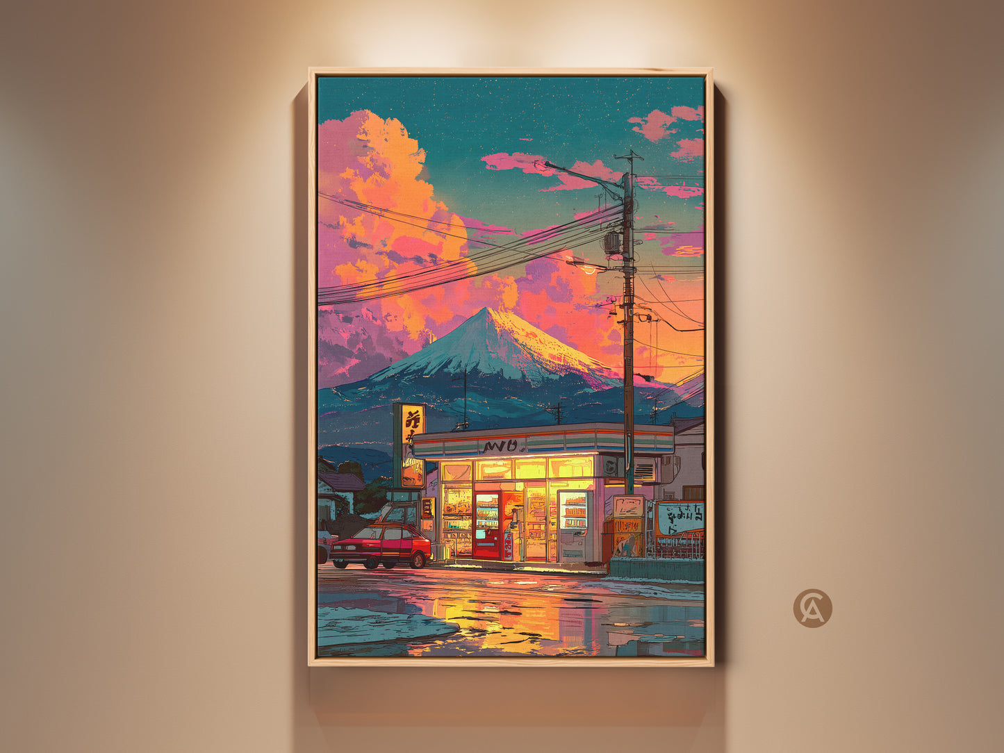Captivating Mount Fuji artwork showcases a vibrant convenience store scene. The artwork is framed beautifully with warm lighting. This artwork is a must-have for art collectors. The artwork is a piece of Japanese culture and landscapes. Perfect wall art for living rooms and offices.