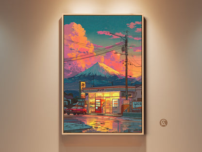 Captivating Mount Fuji artwork showcases a vibrant convenience store scene. The artwork is framed beautifully with warm lighting. This artwork is a must-have for art collectors. The artwork is a piece of Japanese culture and landscapes. Perfect wall art for living rooms and offices.