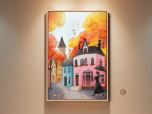 Cozy autumn art print featuring a woman with an umbrella. The artwork showcases charming houses in a watercolor style. This fall decor wall art adds an eclectic touch to your home. The warm yellow orange and red tones create a cozy aesthetic. It's perfect for autumn lovers and entryway decor.