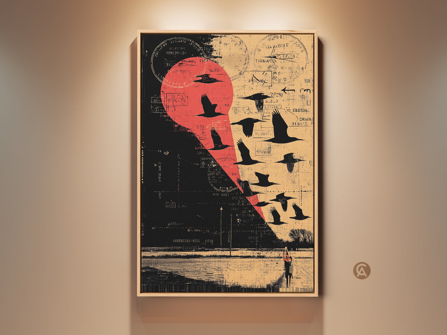 Grunge Eclectic Wall Art featuring a captivating collage of a flock of birds in flight. Against a rural landscape backdrop with a striking Red Beige and Black color palette perfect as wall decor.