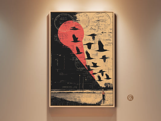 Grunge Eclectic Wall Art featuring a captivating collage of a flock of birds in flight. Against a rural landscape backdrop with a striking Red Beige and Black color palette perfect as wall decor.