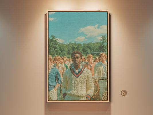 Framed artwork of a tennis team. A confident Black tennis player stands out in the foreground. The artwork is a vintage style. The art piece has a light wood floating frame. Perfect art for a sports fan.
