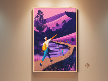 Pink purple landscape wall art. A hiker points the way on a contemporary outdoor decor canvas print. Modern travel artwork brings a touch of adventure to any room. Perfect for outdoor lovers seeking residential wall art.