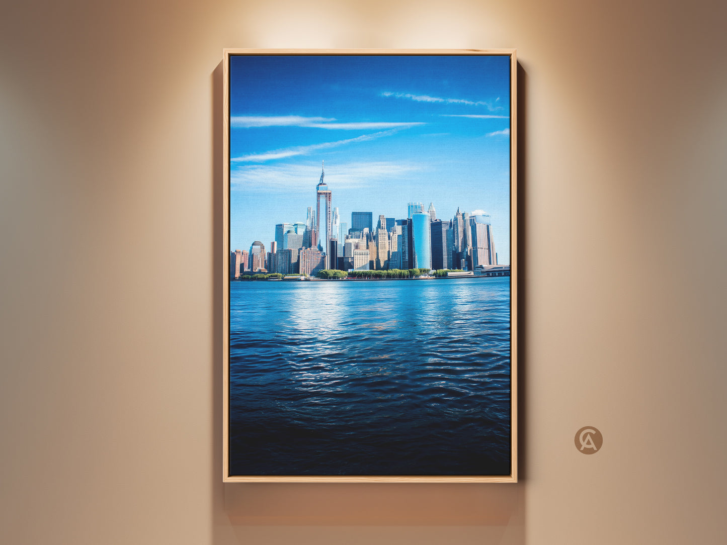 Photorealistic New York City skyline canvas art. This bright blue cityscape print captures the iconic NYC landmarks. A perfect modern home decor gift for New York lovers. The contemporary artwork enhances any residential entry hall with its vibrant urban view.