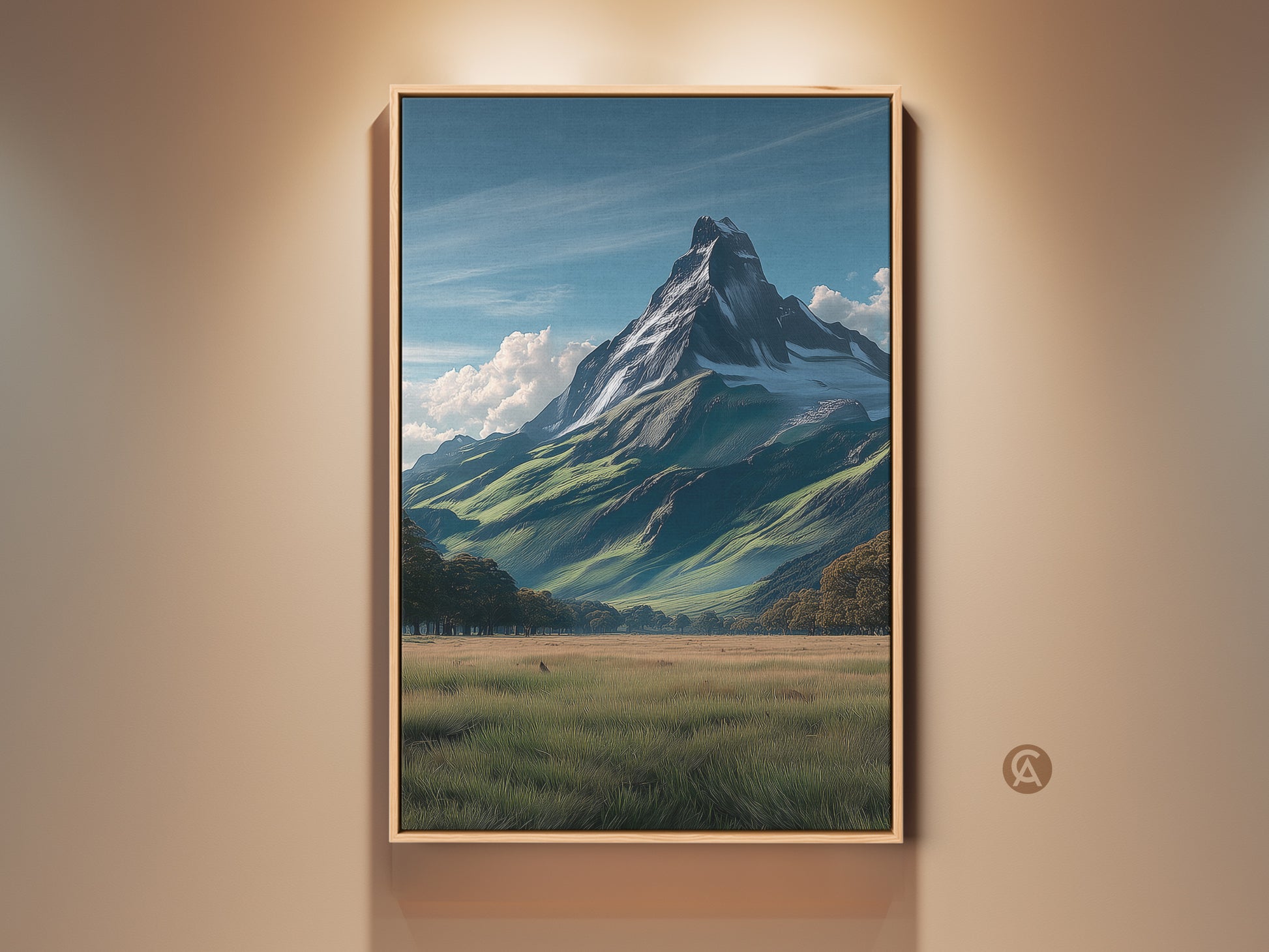 Framed snowy mountain peak canvas art print displayed in a traditional setting. The realistic landscape artwork features a blue sky green meadow and a majestic alpine vista. This nature wall decor adds tranquility to any room a perfect housewarming gift for hikers.