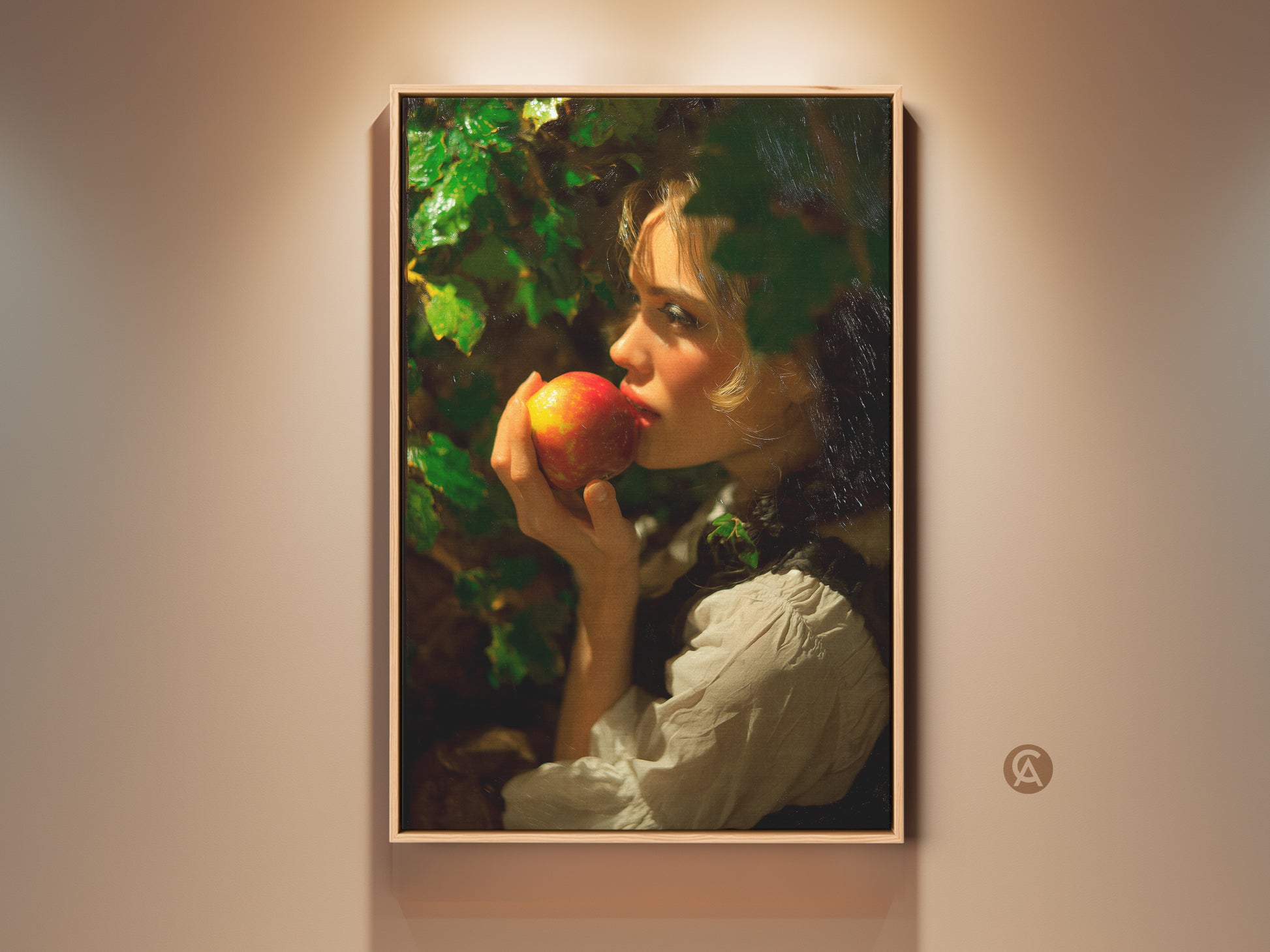 Painterly classical realism art print featuring a woman with an apple. This traditional red gold and green wall decor adds elegance to any room. A perfect gift for art enthusiasts seeking a timeless aesthetic in residential spaces.