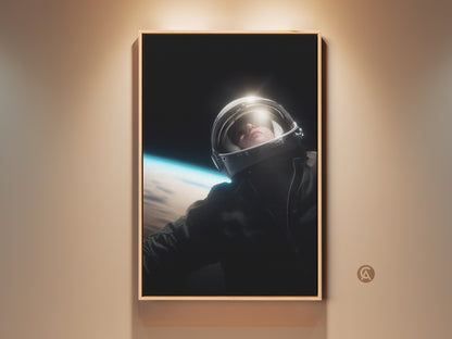Explore the cosmos with this captivating astronaut canvas print. The artwork features a photorealistic astronaut gazing upwards. Earth is visible in the background. The black and white color add a contemporary touch to your office or home. A perfect gift for space enthusiasts and sci-fi art lovers.