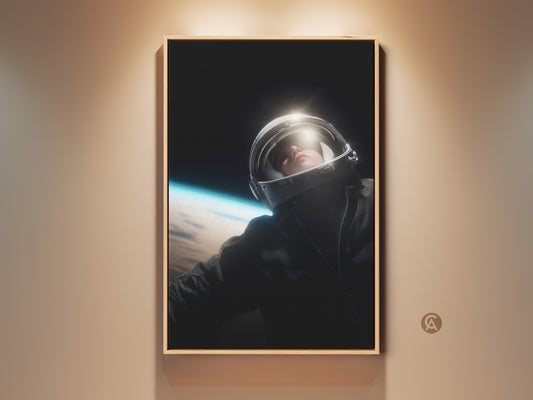 Explore the cosmos with this captivating astronaut canvas print. The artwork features a photorealistic astronaut gazing upwards. Earth is visible in the background. The black and white color add a contemporary touch to your office or home. A perfect gift for space enthusiasts and sci-fi art lovers.