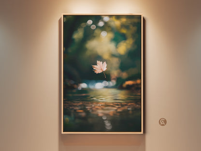 Experience nature's beauty with this framed artwork. A serene autumn scene features a floating leaf above calm water. The warm bokeh background adds depth to this tranquil nature art piece. Perfect for adding a touch of peace to any room get yours today.