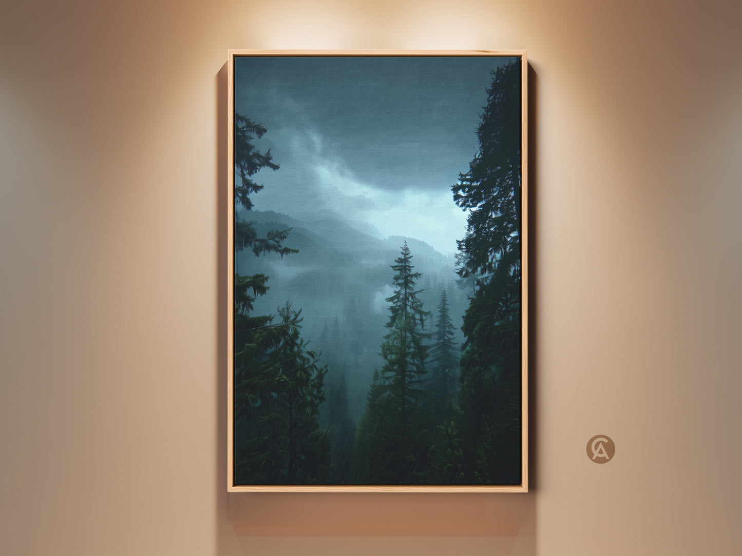 Framed pine tree forest artwork in a rustic bedroom setting. The misty mountains canvas print adds a serene nature landscape to the space. The deep green hues create a calming effect. This housewarming gift idea brings tranquility to any room.